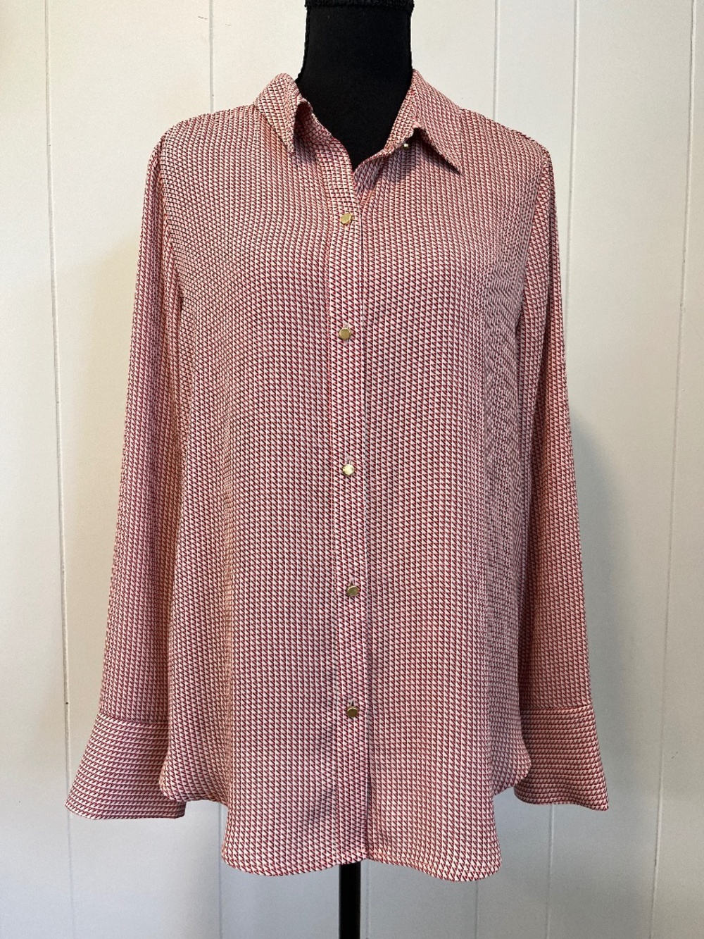 Liz Claiborne Career sz M Long Sleeve Blouse Cuffs Geometric Minimalist Office